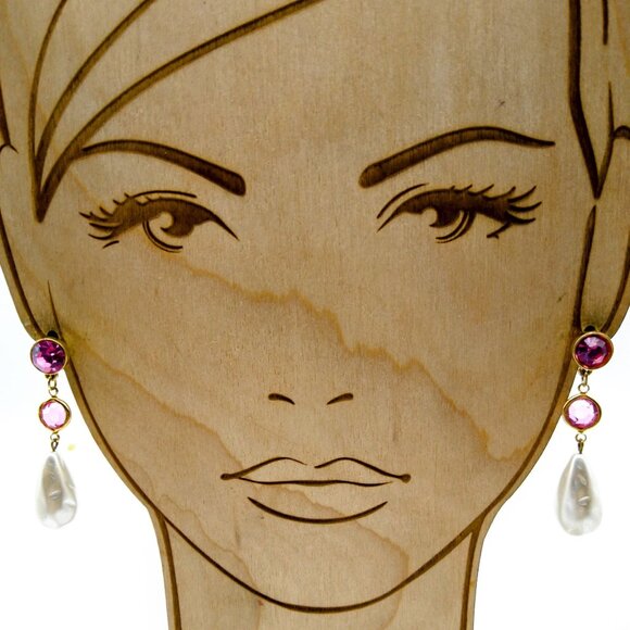 Baroque Pearl Teardrop Dangle Vintage Earrings, Gold Tone with Pink Bezel Set Cr - Picture 1 of 3